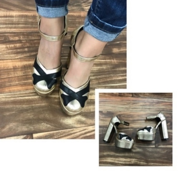 Iron Fist Gold and black cross bone block platform heels 7 - Picture 2 of 11